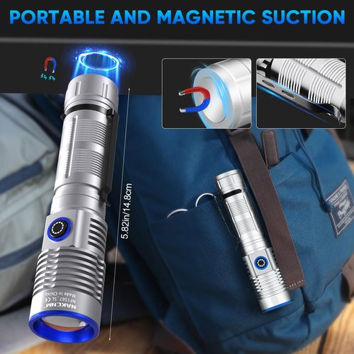 NAKCNM Rechargeable Flashlights High Lumens, 2 Pack 2500 Lumens 4 Modes, Small Magnetic Flashlight Pocket with Clip & Diffuser, Handheld Flashlight Lantern for Camping(Black&Silver)