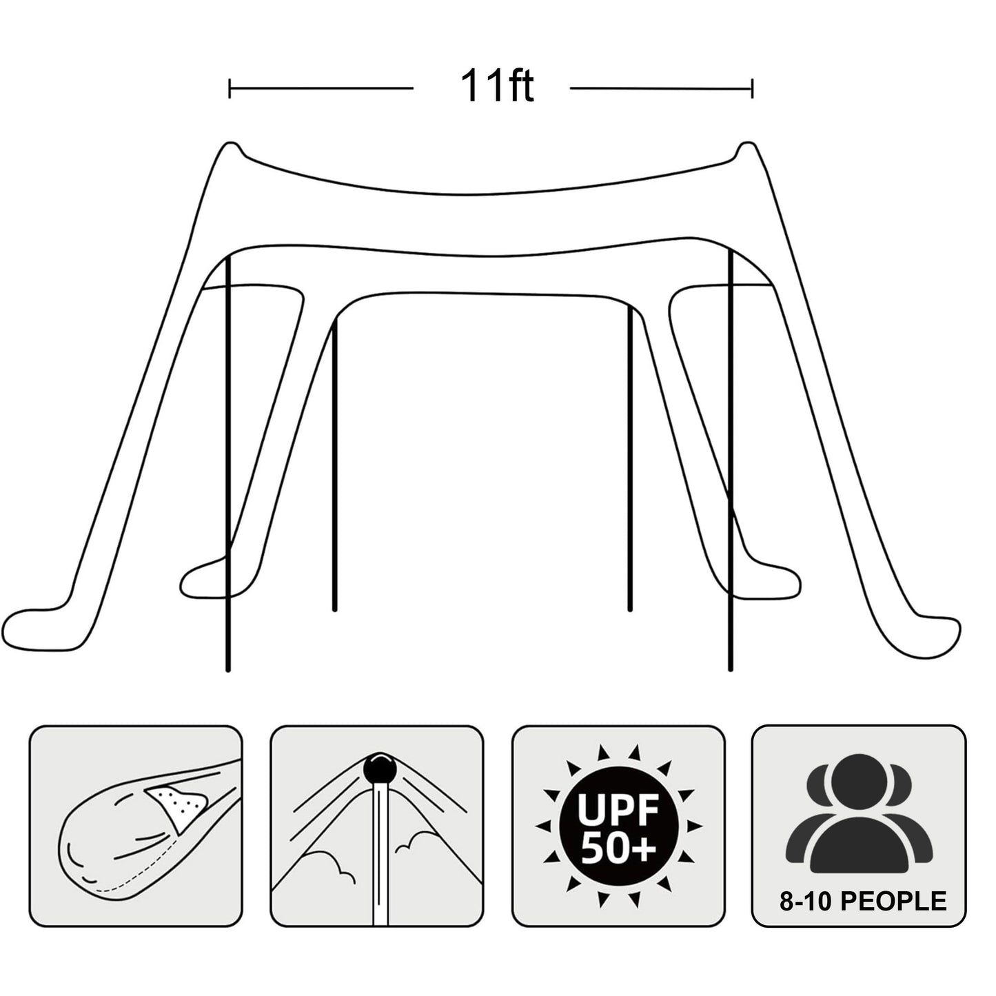 AMMSUN Beach Tent Portable Beach Canopy,11ft X 11ft Sun Shelter Easy Setup, 11'x11' Lycra Sun Shade with UPF50+ Protection 4 Sand Bags & 4 Poles for Family at The Camping, Beach & Outdoor