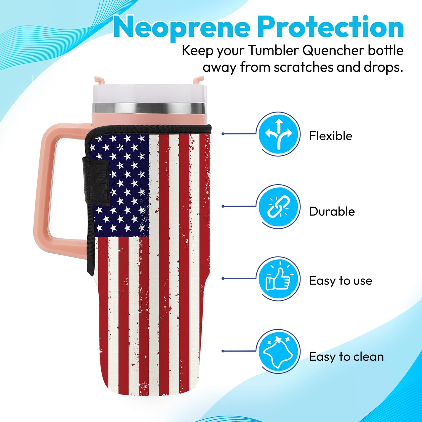 HYTURTLE Neoprene Insulator Sleeve American Flag Printed 40oz Cup With Handle, Accessories For 40oz Tumbler With Handle - 40oz Cup Protector - Easy Clean - Gifts For Patriot
