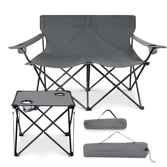 Leonyo Double Camping Chair, Loveseat Camping Chair with Folding Table, 2 Person Outdoor Folding Beach Chairs for Adults, Cup Holders & Carry Bag for Outside Travel, Supports 500lbs, Grey