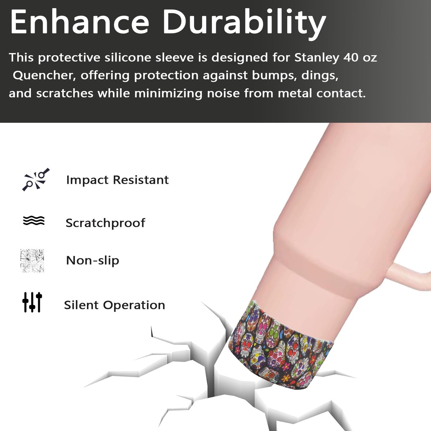 Gliquran Skull Protective Silicone Boot for Stanley Quencher H2.0 40 30 20 oz & IceFlow Flip 30 20 oz,Punk Water Bottle Boots Accessories