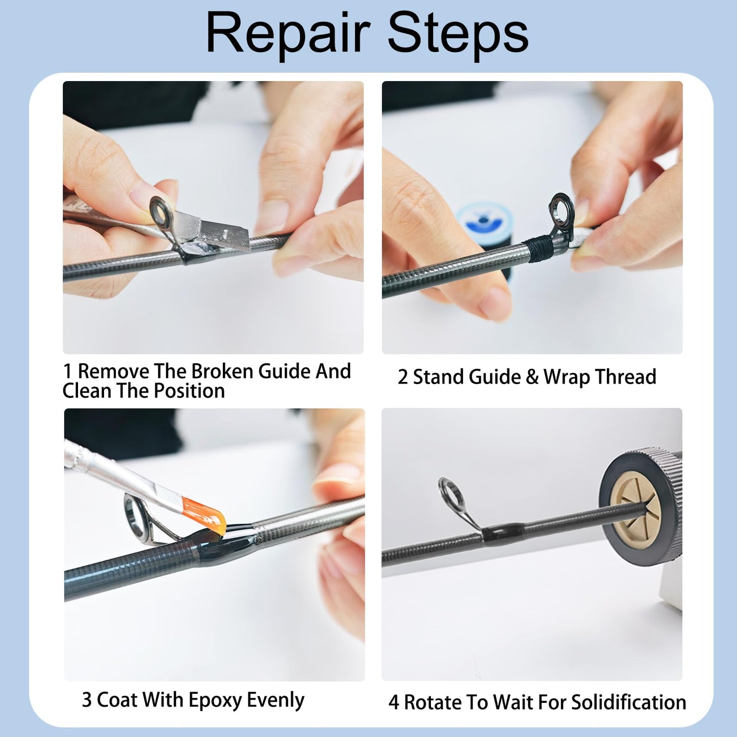Aventik Fishing Rod Eyelet Repair Kit Complete, Emergency Quick-Fix Fishing Pole Eyes Replacement Kits Including Winding Thread, Epoxy and Stainless Steel Guides for Spinning Rod(Spinning Repair Kit)