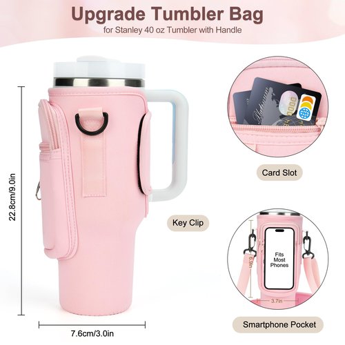 Water Bottle Holder with Adjustable Strap for Stanley Cup 40 oz Tumbler with Handle, Personalized Initial, Neoprene Water Bottle Carrier Bag with Phone Pocket & Carabiner for Stanley Cup Accessories