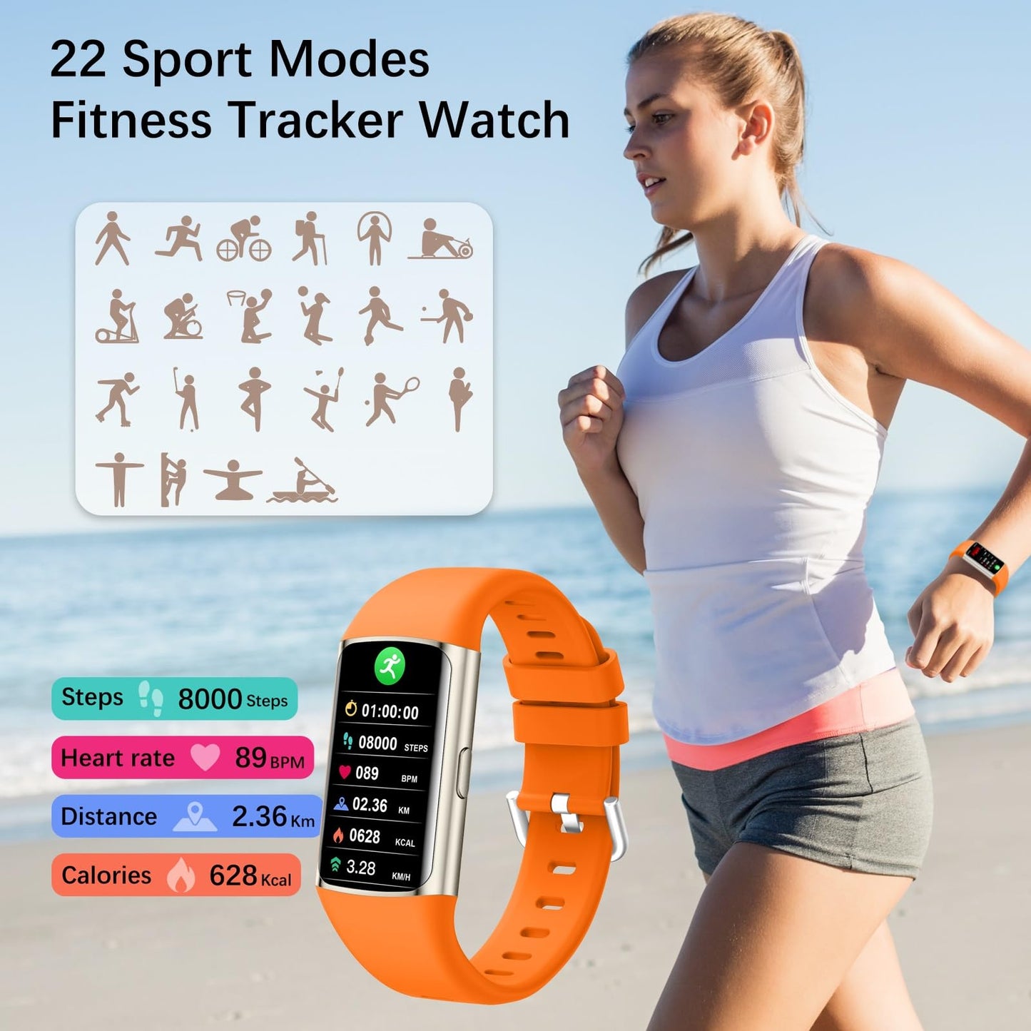 Fitness Tracker with 24/7 Heart Rate and Blood Pressure Monitor, Blood Oxygen, Sleep Tracker, Step Tracker, Calorie Counter, IP68 Waterproof Fitness Watch, Smart Watch for iphone Android Compatible