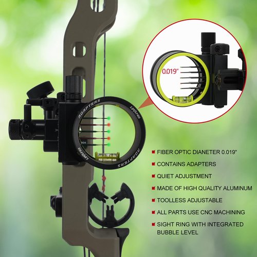 Compound Bow Sight Archery 5-Pin Sight Long Bar - 0.019" Fiber, Aluminum Machined - Support 2X-8X Magnification Sight Lens for Hunting Shooting