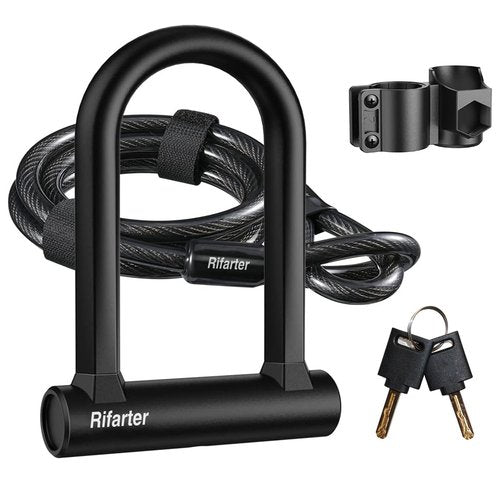 Rifarter Bike Locks Heavy Duty Anti Theft, Bicycle Lock U Lock with 5ft Security Steel Cable and Keys, 17mm Shackle Compact Bike U-Locks with Mounting Bracket for Road, Mountain Bike, Scooters