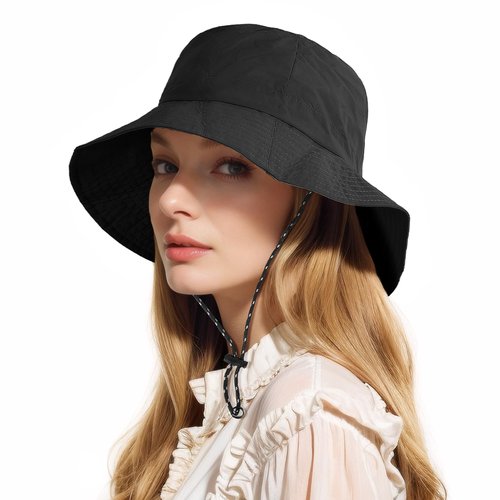 Waterproof Bucket Hat Women - UV Protection Rain Hats Ladies Packable Foldable Fishing Hat Outdoor Travel Hiking Black