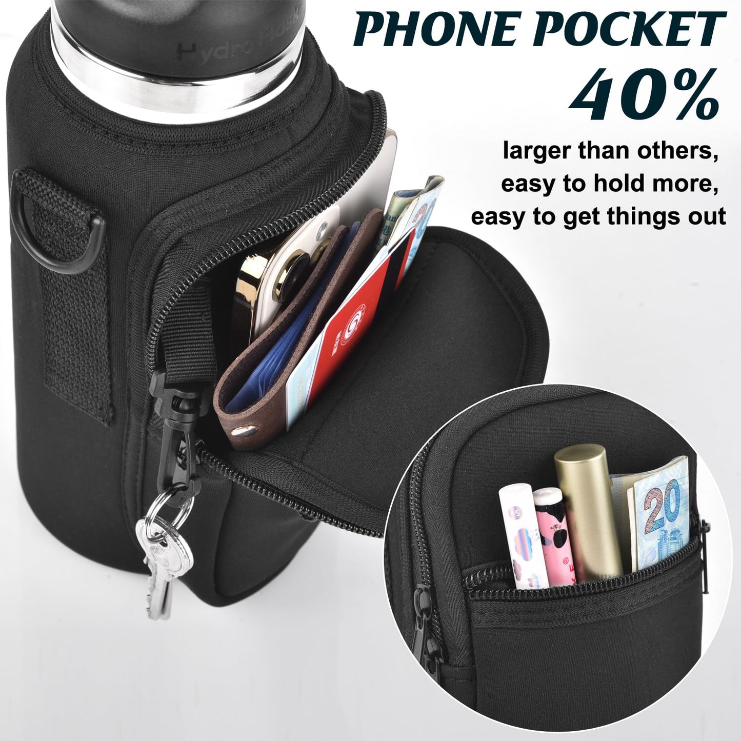 RUCHBA Water Bottle Holder with Strap Phone Pocket, Crossbody Carrier Sling Bag for YETI 18 24 26 32 36 40oz Cup Gym Hiking Travelling