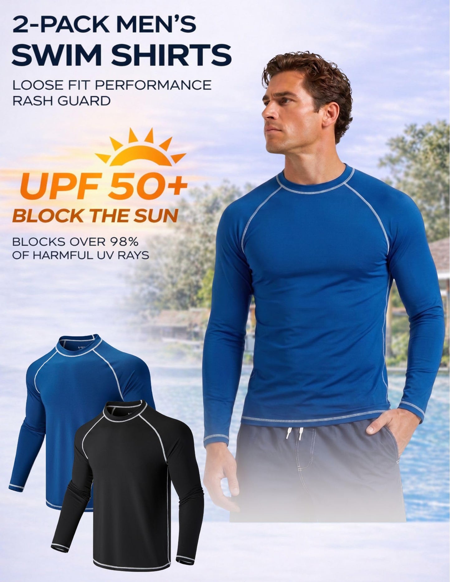 2 Pack Men’s Rash Guard Long Sleeve Swim Shirts UPF 50+ Sun Protection – Quick Dry Lightweight UV Fishing Surf Shirt (Set 3, Large) Black/Navy