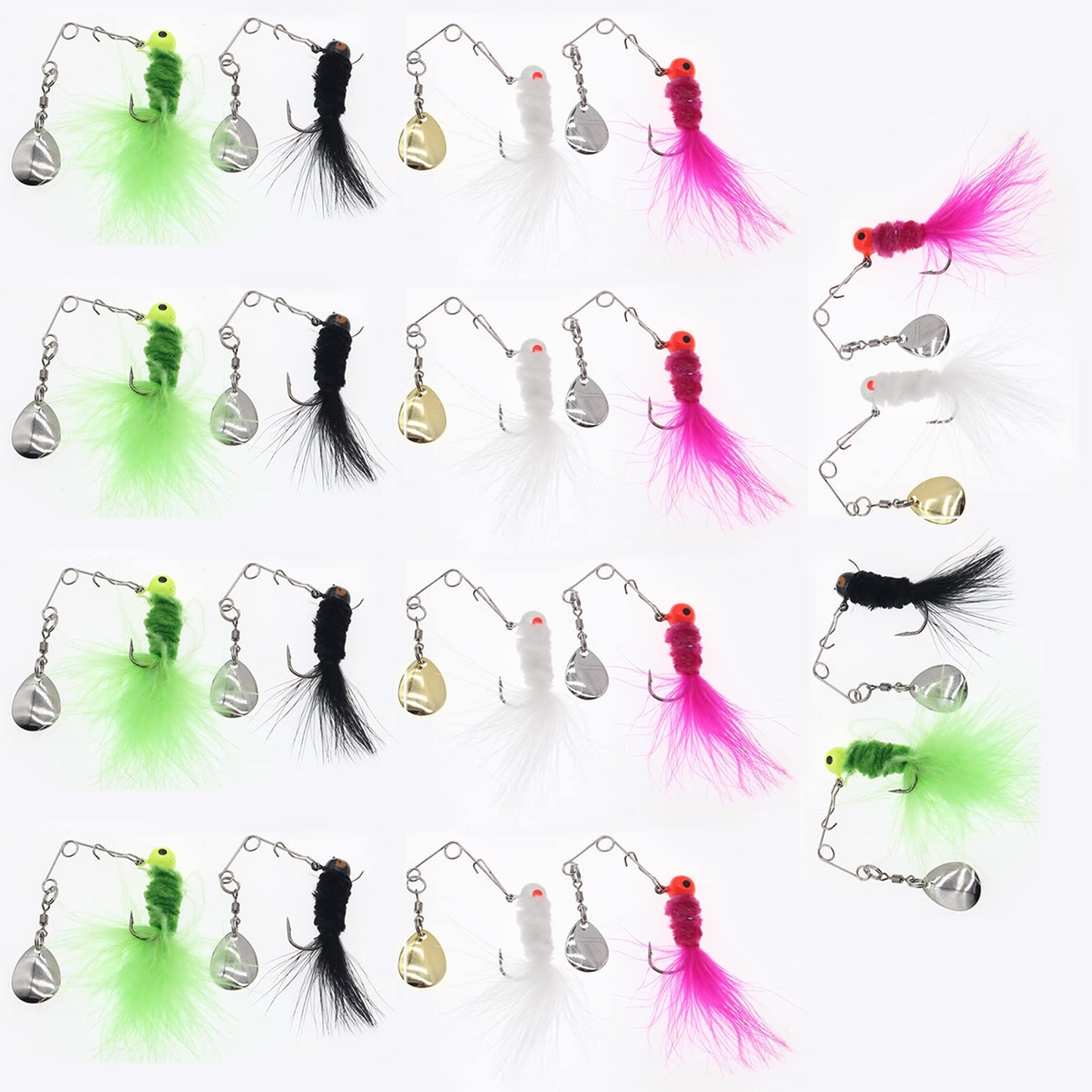 FishingPepo 20 Pcs Fishing Jig Marabou 1/8oz Feather Crappie Jig Heads with Spinner Blades Baits jiging Lures Lead Head Fishing Jig Hooks for Walleye Bass Fishing Accessories