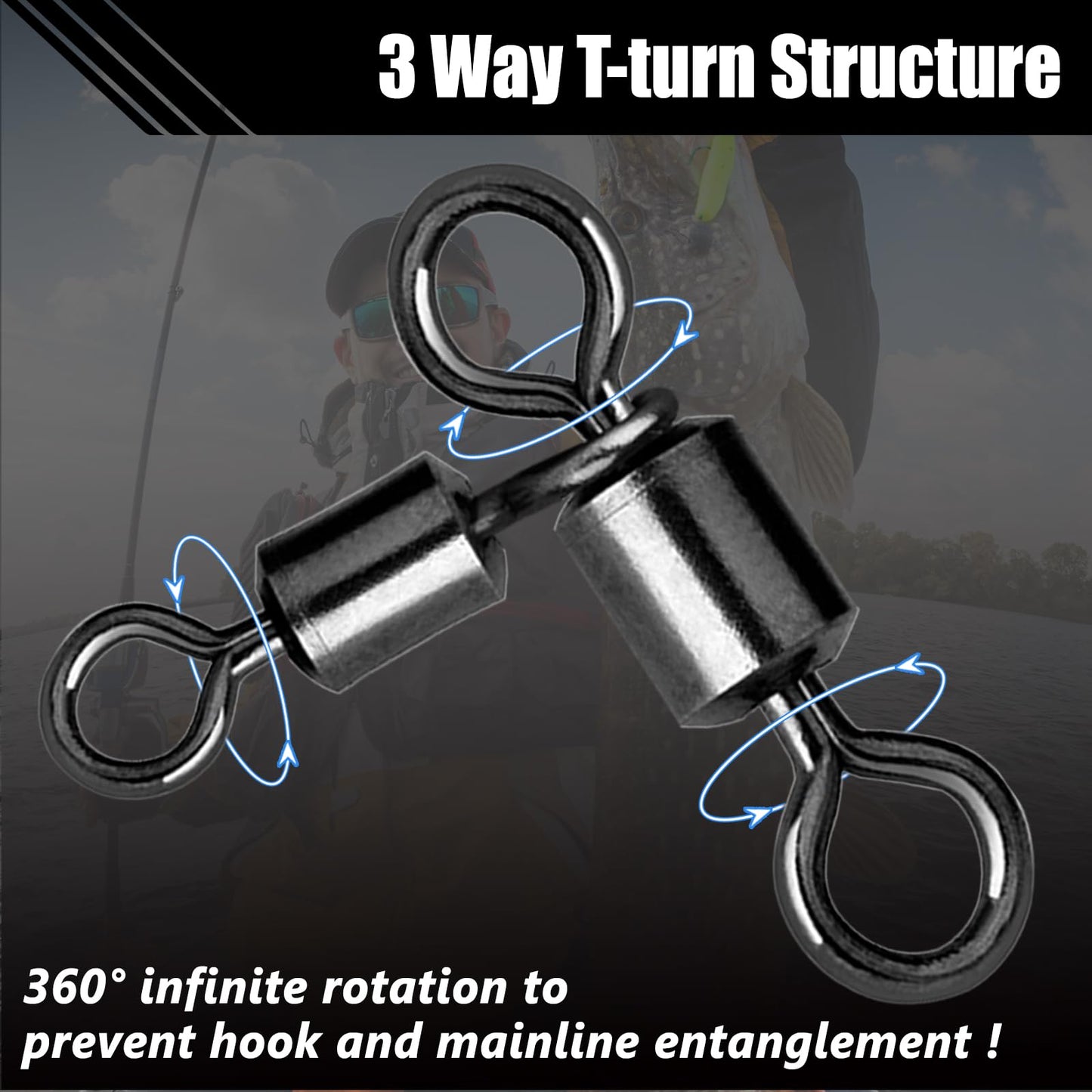 FishTrip 3 Way Swivel Fishing Tackle - 50pcs Black T-Turn Three Way Swivels Heavy Duty Saltwater for Catfish Rigs(2 * 3#)
