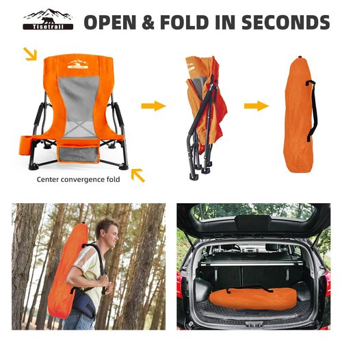 Tisetrail Portable Beach Chair for Adults Low Back Sling Chair with Cup Holder Folding Mesh Sand Chair Lightweight Lawn Chair for Beach Lawn Camping Concert Travel, Supports 300lbs, Orange