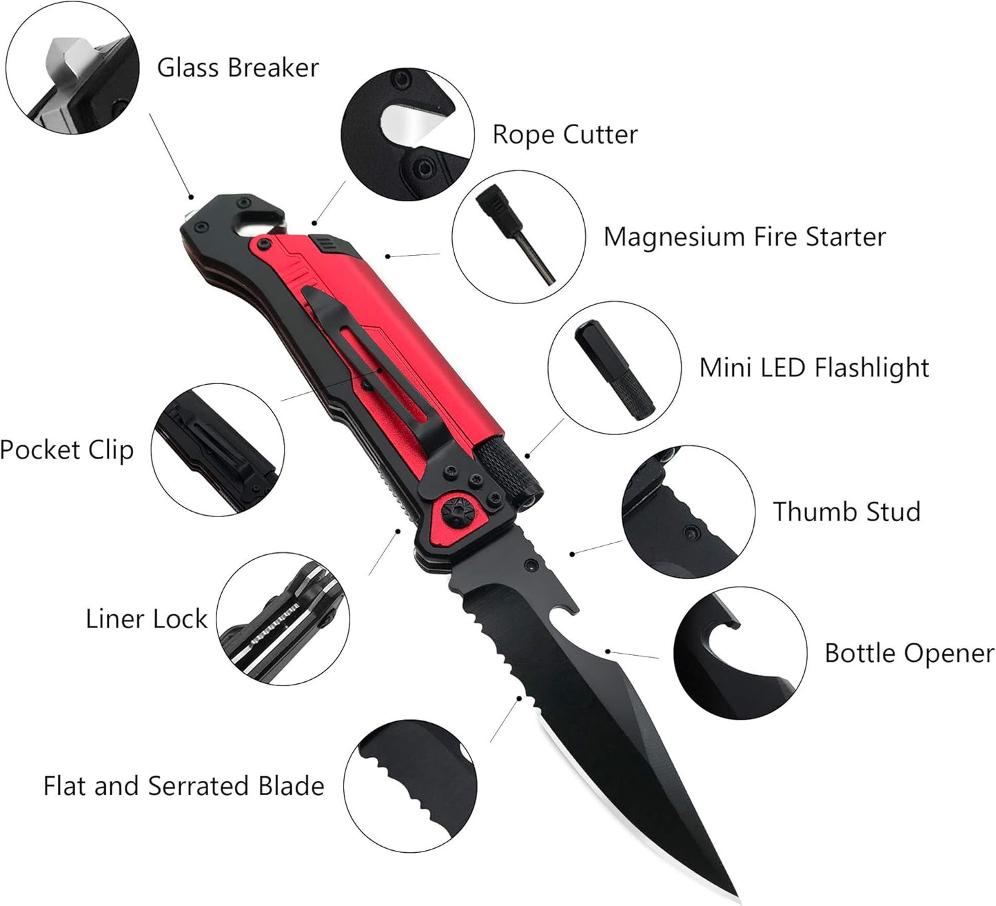 ALBATROSS 6-in-1 Survival Tactical Military Folding Pocket Knives with LED Light,Seatbelt Cutter,Glass Breaker,Magnesium Fire Starter,Bottle Opener;Multi-Function Emergency Tool(Black)
