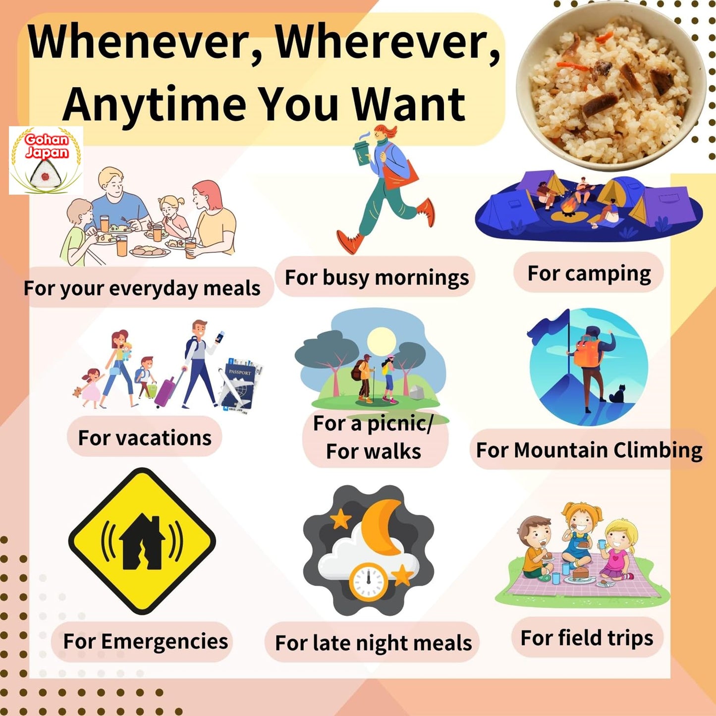 GOHAN JAPAN Matsutake Mushrooms Alpha Rice (100% Japan-based) for Camping Mountain Climbing Emergencies 100g/3.5oz (A filling 260g/9.2oz meal) per 1-pack by Onisi Foods (3-packs, 300, Gram)