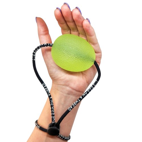 THE EGG ON A THREAD - hand squeezer trainer, grip strengthener, therapy and stress ball two-set. This exerciser is perfect for stress relief, forearm, hand and finger strength, therapy and rehab