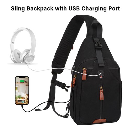 MOSISO Sling Backpack Travel Hiking Daypack, Vintage Canvas Crossbody Sling Chest Bag with USB Charging Port&Removable Strap, Black