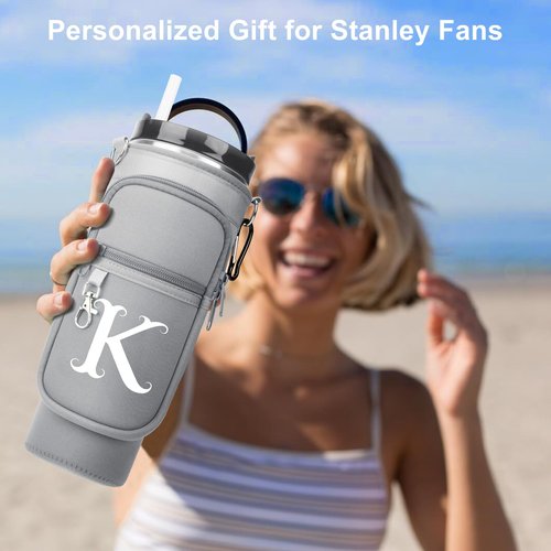LOKASS Water Bottle Holder with Strap for Stanley Cup 40 oz Tumbler with Handle, Personalized Initial, Water Bottle Carrier Bag with Phone Pocket for Stanley Cup Accessories Grey A