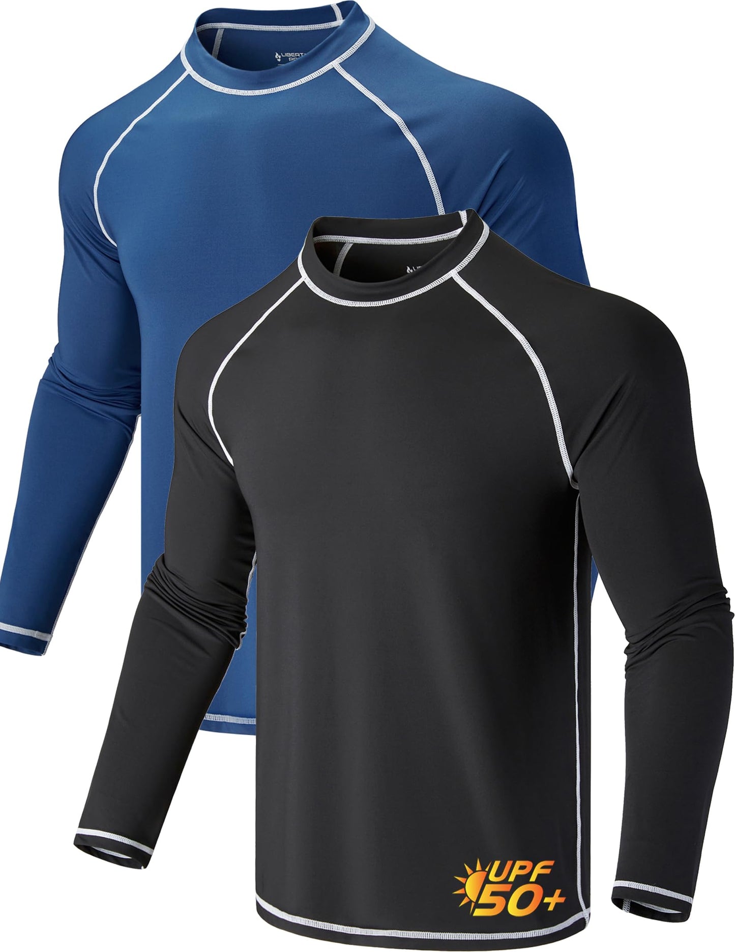 2 Pack Men’s Rash Guard Long Sleeve Swim Shirts UPF 50+ Sun Protection – Quick Dry Lightweight UV Fishing Surf Shirt (Set 3, Large) Black/Navy