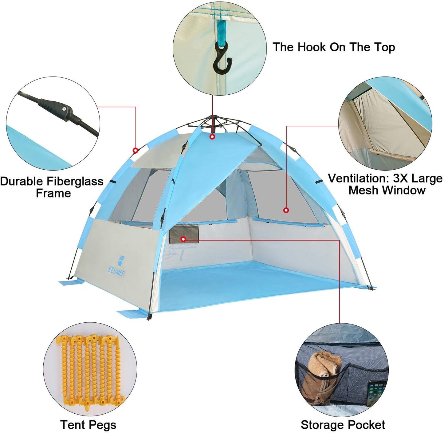 G4Free Deluxe XL Pop Up Beach Tent, 3-4 Persons Easy Setup Sun Shelter Canopy with UPF 50+ UV Protection Extral Wide 70.9 in