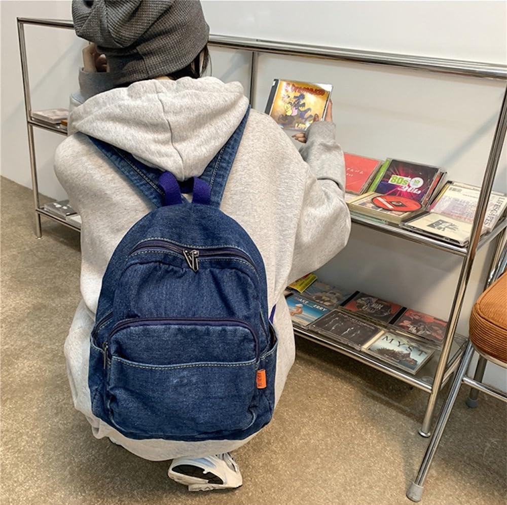 JHTPSLR Small Denim Backpack for Women - Vintage Aesthetic Mini Canvas Daypack (Dark Blue)