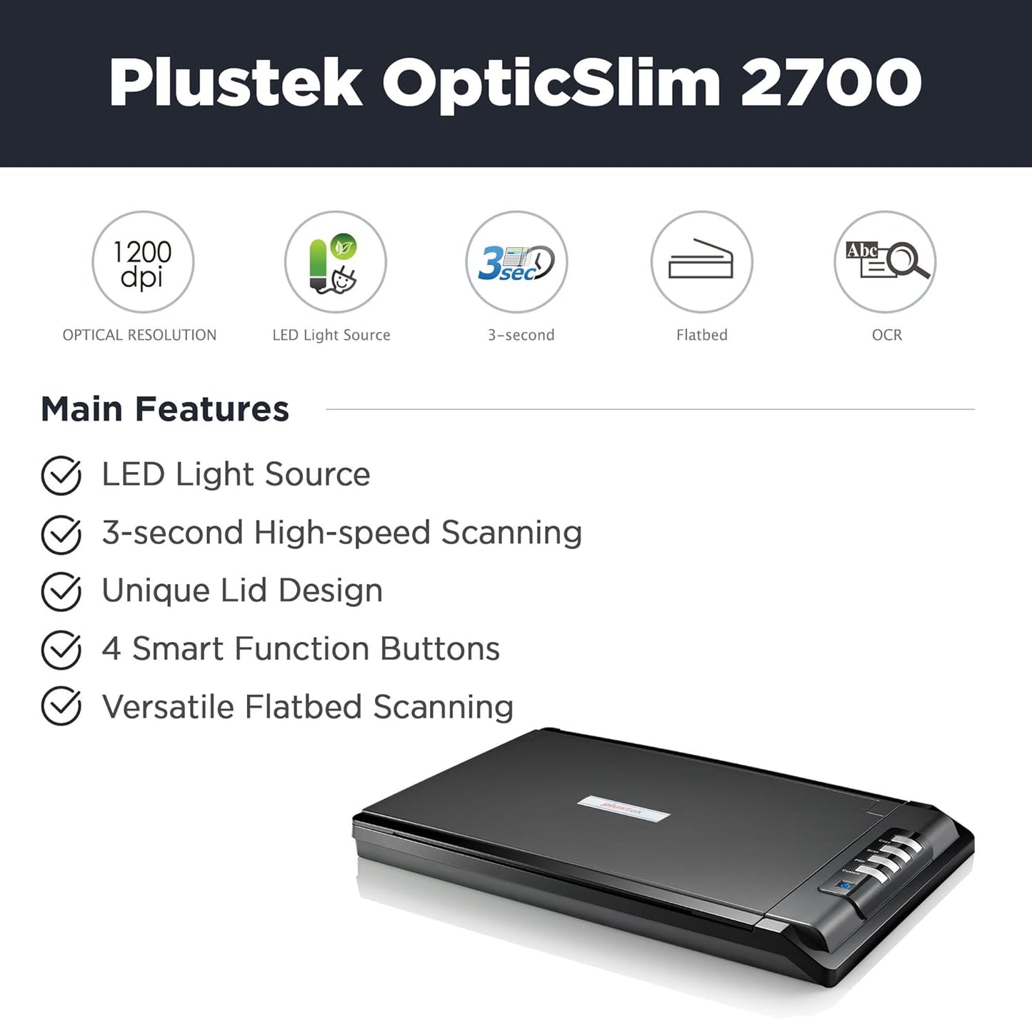 Plustek OpticSlim 2700 - High Speed Flatbed Scanner, 3sec Fast scan Speeds. Compact Design for Home and Home Office. Windows and Mac Support