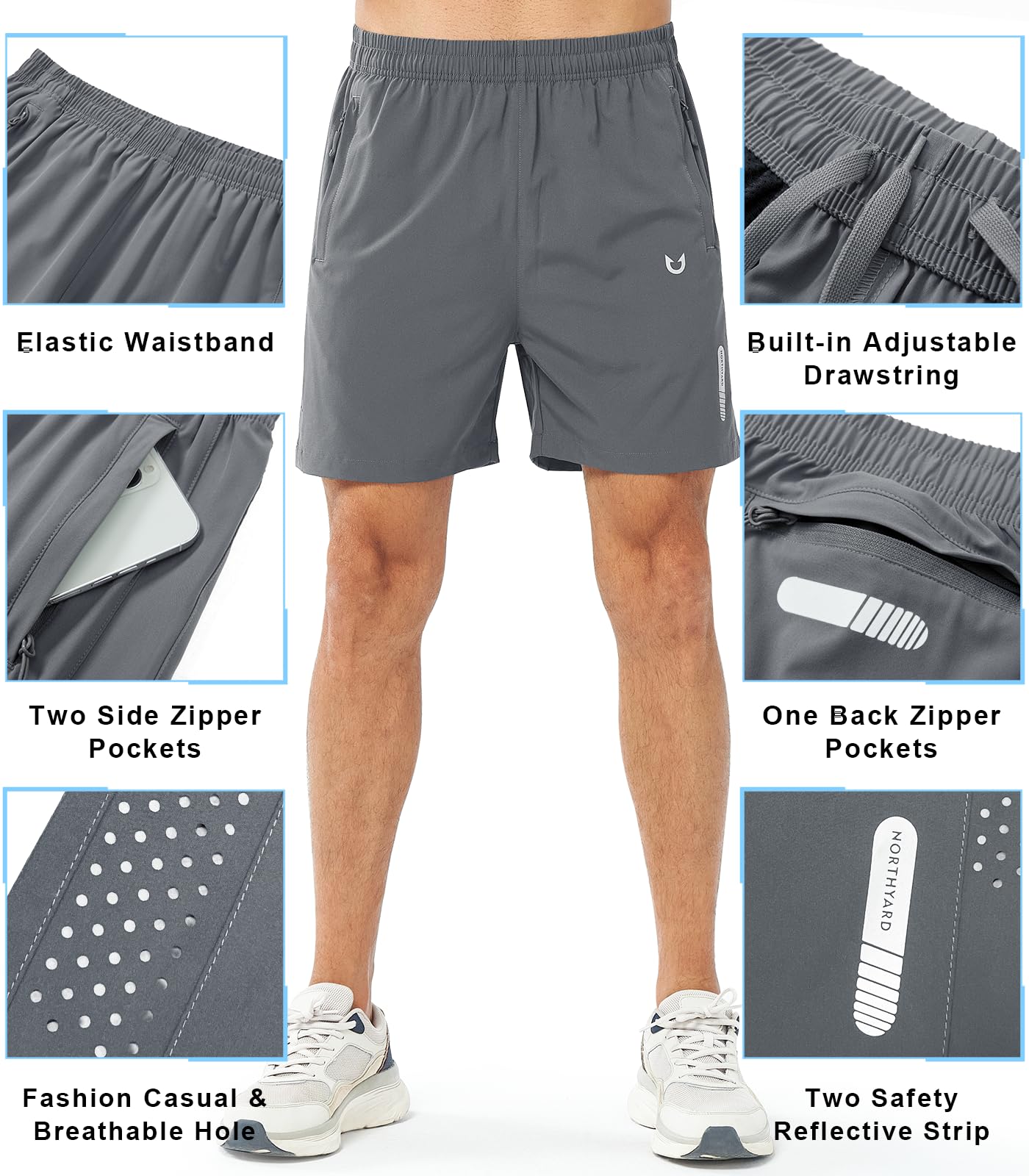 NORTHYARD Men's Athletic Running Shorts Gym Workout 7"/9"/5" Quick Dry Lightweight Sports Basketball Tennis 3 Zipper Pockets SMOKEGREY-5inch M