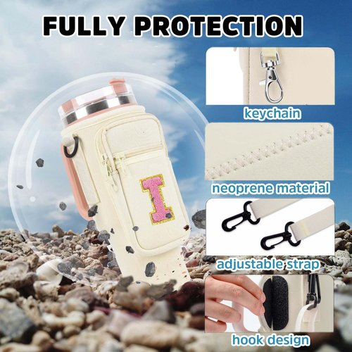 Water Bottle Carrier Bag for Stanley 40oz Tumbler with Phone Pocket, Bafezoze Water Bottle Holder with Strap, Initial Stanley Cup Accessories Letter C