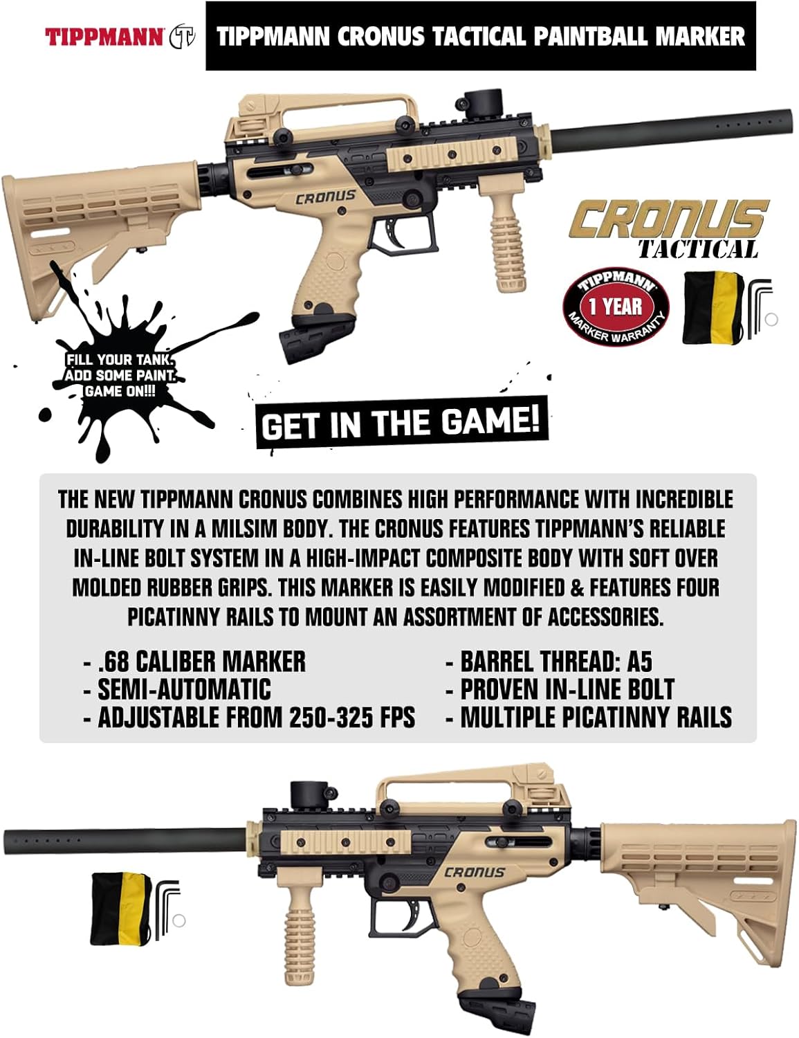 Maddog Tippmann Cronus Tactical Protective Paintball Gun Marker Starter Package