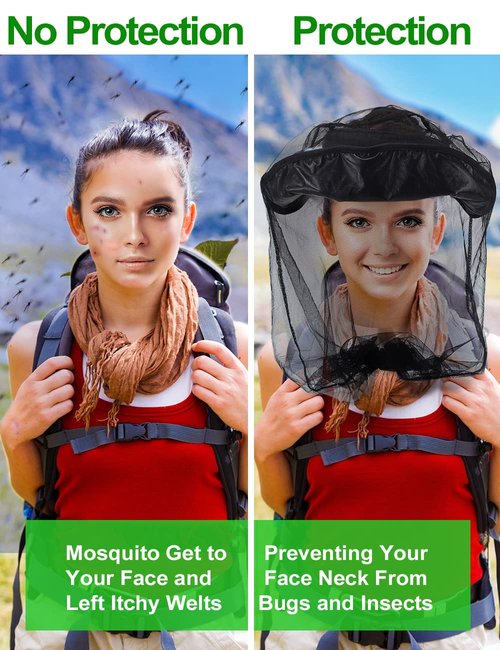 Wohohoho Mosquito Head Net Mesh With Drawstring, Bug Face Shield for Hats, Beekeeper Mask Protection for Men & Women Against Midges, Bugs & Gnats (2 Packs, Black, Updated Big Net)