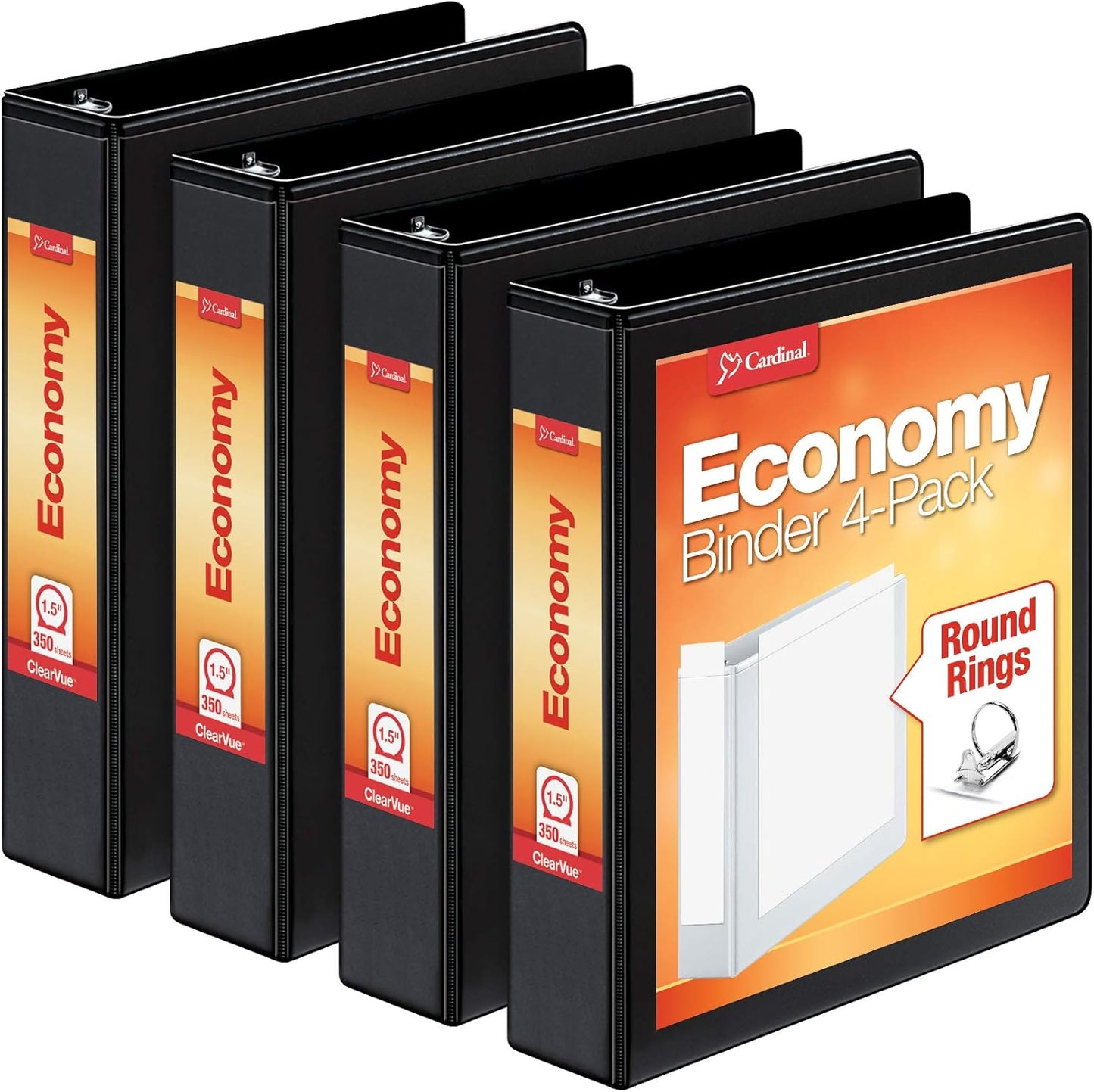 Cardinal Economy 3 Ring Binder, 1 Inch, Presentation View, Black, Holds 225 Sheets, Nonstick, PVC Free, 4 Pack of Binders (79512)