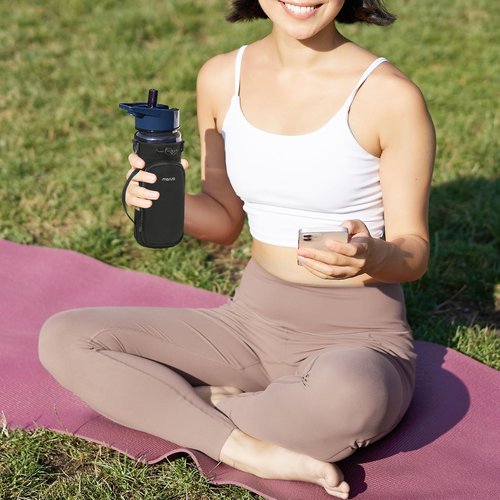 MOSISO Water Bottle Holder with Phone Pocket, 25oz / 32oz Water Bottle Carrier Bag with Adjustable Strap & Handle for Walking, Hiking, Camping, Travelling, Black