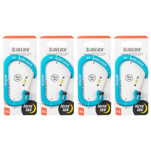 Nite Ize Aluminum SlideLock Carabiner - Daily Use & Lightweight Carabiner - Compact Aluminum Carabiner with Lock - Versatile Rectangular Carabiner - Size 4, Blue (4 Pack)