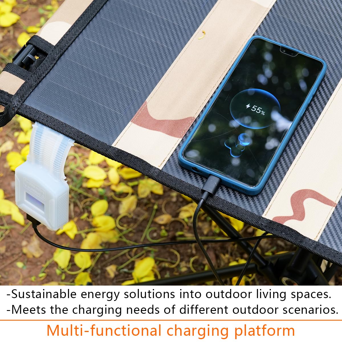 ESOTAB ECOeshiner Solar Folding Table 28W, Camping Table - Solar Charging, Mesh Bag, Two USB Ports, Heat + Water + Splash Resistant, Solar Powered, Beach Table, Picnic Table, Outdoor Table