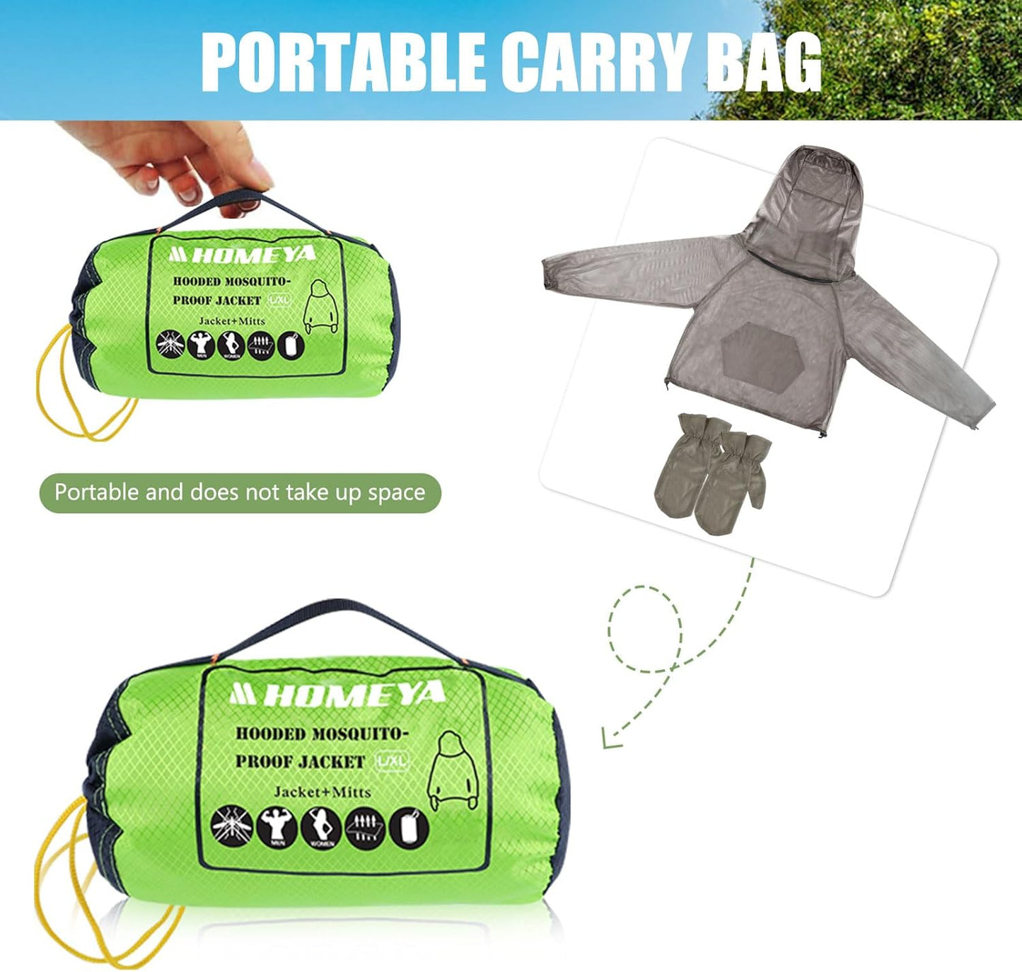 HOMEYA Bug Jacket L/XL, Anti Mosquito Netting Suit with Zipper on Hood Ultra-fine Mesh Pants Mitt Socks with Free Carry Pouch for Protecting Hunting Fishing Men Women