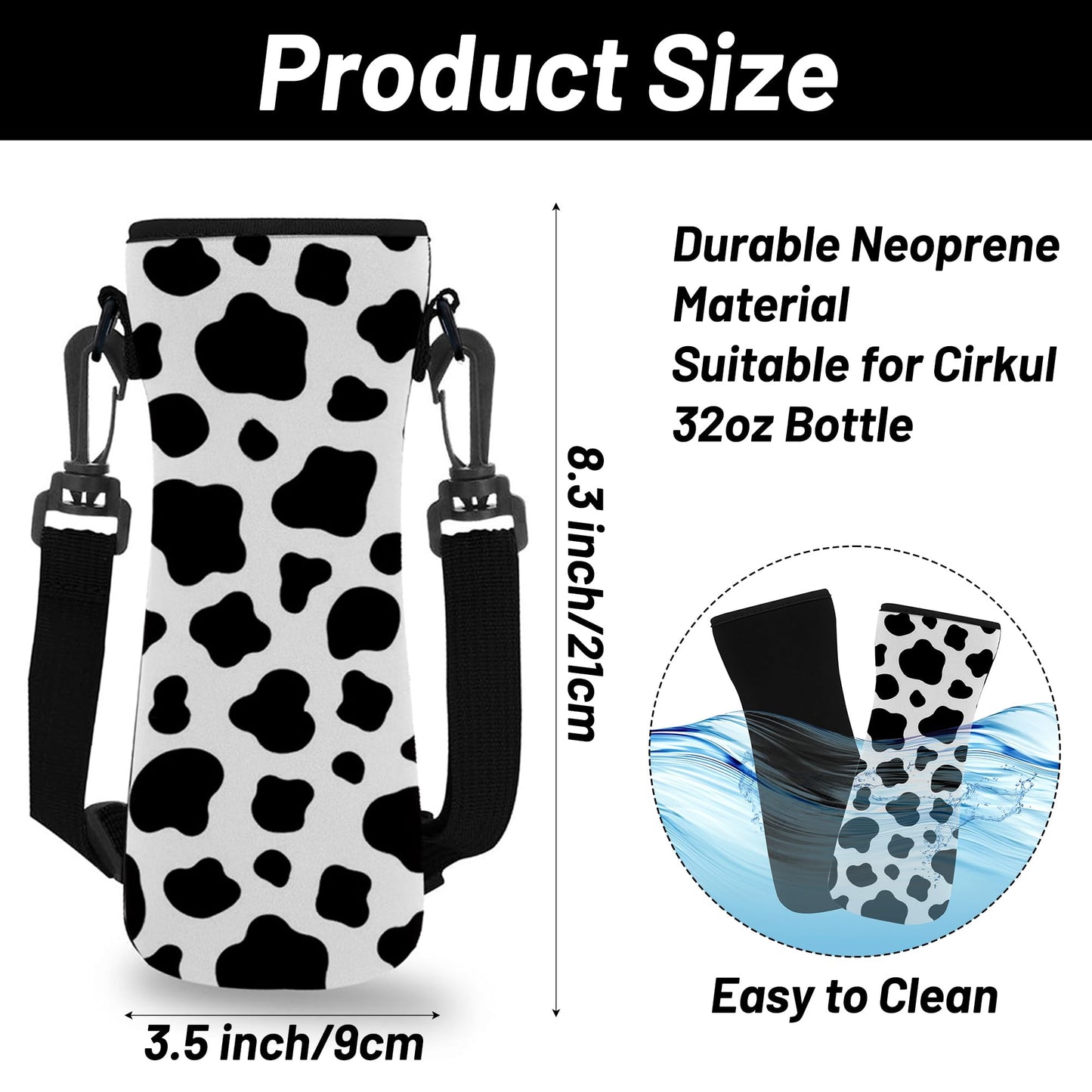 ARefugen 2Pcs Neoprene Insulated Sleeve for 32 oz Cirkul Water Bottle - Holder Carrier with Shoulder Strap (Cow and Black)