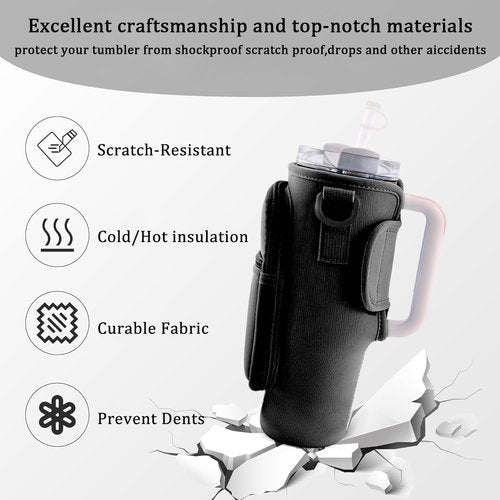 Water Bottle Holder with Strap for Stanley Cup Accessories 40 oz Water Bottle Carrier Bag with 2 Pocket Sling Neoprene,Adjustable Strap& Straw Cover.Water Bottle Sleeve for Walking Hiking Camping Gym