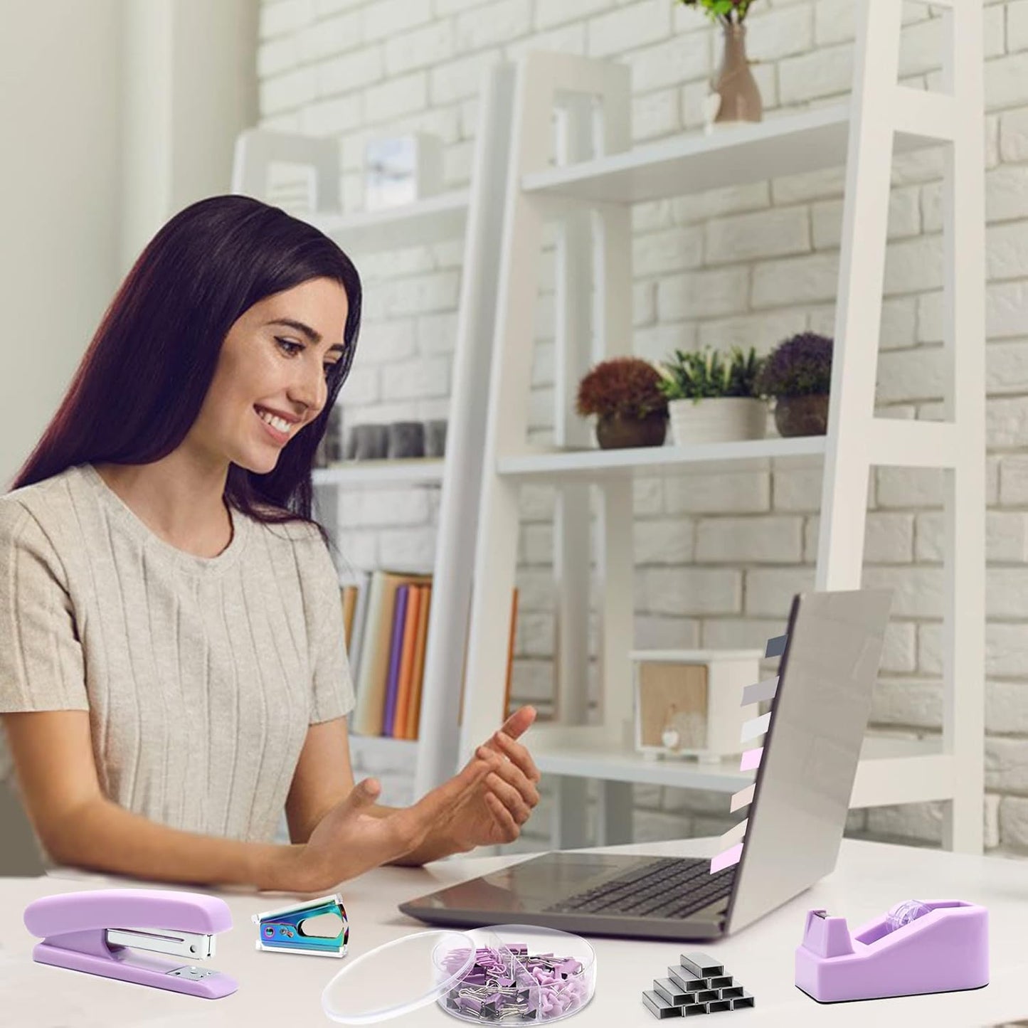 White Office Supplies, UPIHO White Desk Accessories, Stapler and Tape Dispenser Set for Women with Stapler,Tape Dispenser, Staple Remover, Staples,Scissor and Tabs for Students Office Clerks