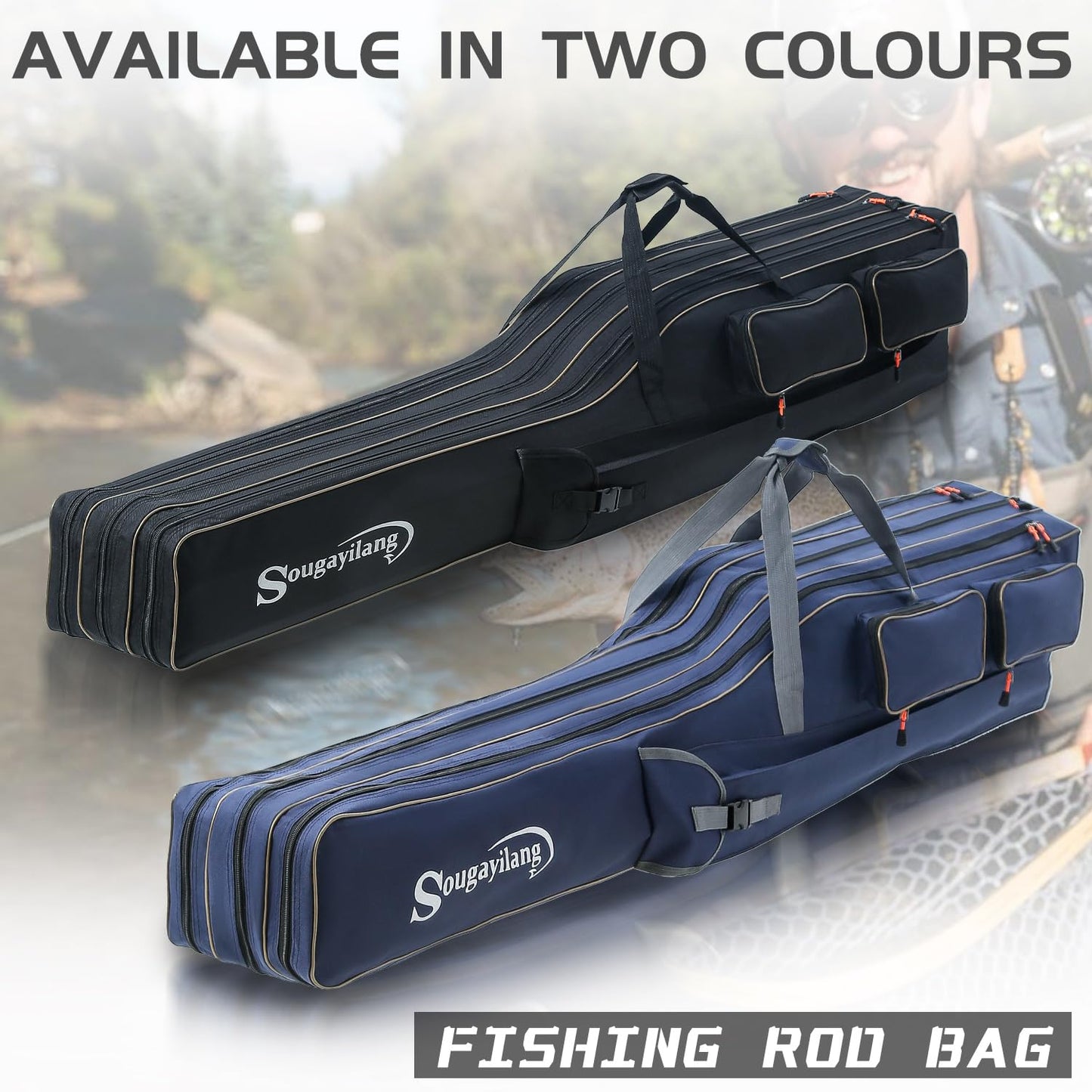 Sougayilang Fishing Rod Case, 3 Layers Organizer Fishing Pole Storage Bag Fishing Rod and Reel Carrier Organizer for Travel-165cm/65in-Black