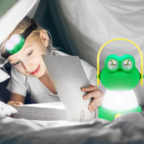 VIHOSE 2 Set Animal LED Camping Lantern and Headlamp 4 Pcs Animal Themed Camping Equipment Room Nightlight Battery Powered Night Light for Emergency, Hurricane, Lightweight Tent Lamp(Frog, Owl)