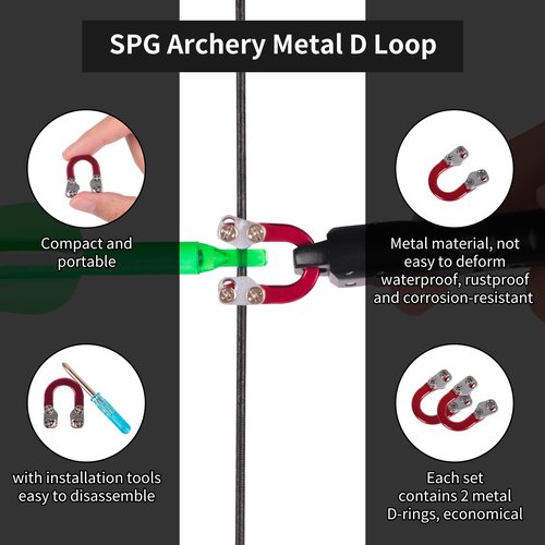 SPG 2 Sets Archery D Loop, Archery Metal D Loop for Compound Bow Release Nocking Loop with Screwdrivers Mounted on Bowstring Screw Reinforcement Compound Bow Accessories Hunting