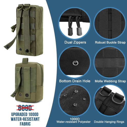 MUCHER 2 Pack Molle Pouches Tactical Pouches EDC Pouch Organizer Molle Bag Utility Pouch with 4 Carabiners for Outdoor Hiking Hunting Camping Training (B-Green-2pcs)