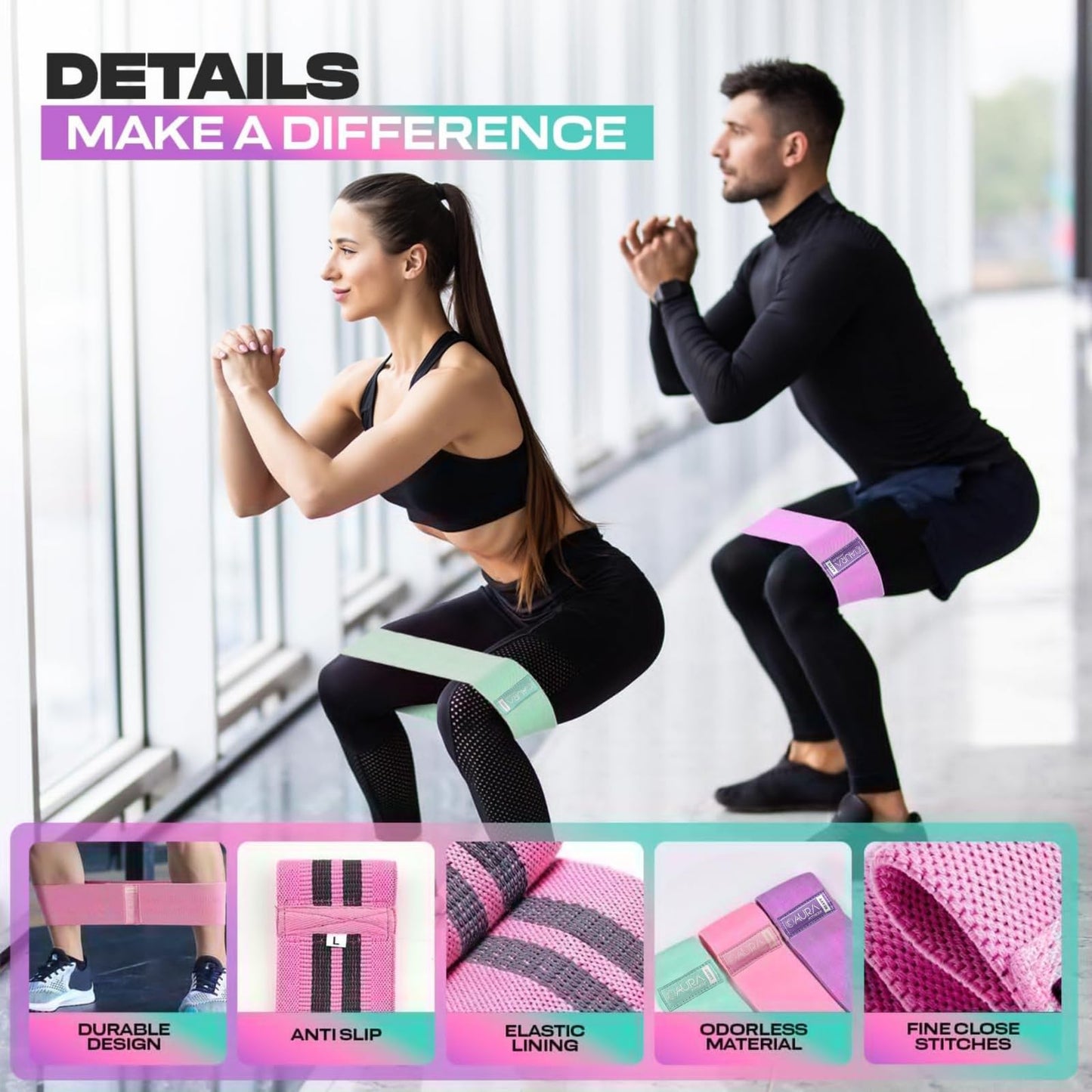Aura Fabric Resistance Bands Set | 3 Levels of Resistance, Booty Bands for Working Out | Non-Slip Thick Exercise Band for Legs, HIPS & Butt | Perfect for Home, Gym & Travelling Workouts