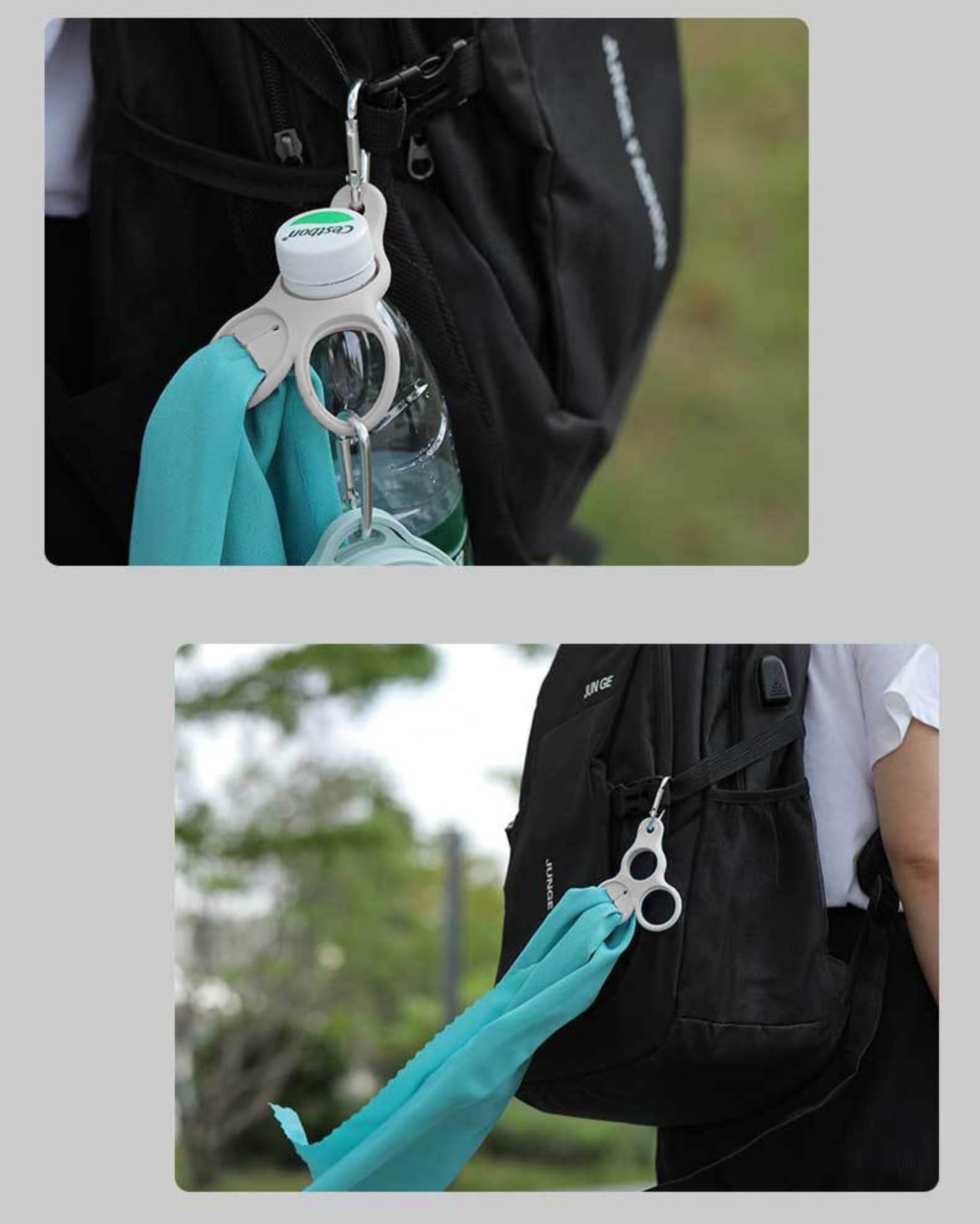 GCFTIFF 2 Pcs 3 in 1 Water Bottle Clip with Hanging Towels, Silicone Water Bottle Buckle，2 Water Bottle Holder & 1 Hanging Towels, with D-Ring Hook for Backpack Belt Hiking Camping Traveling (Grey)