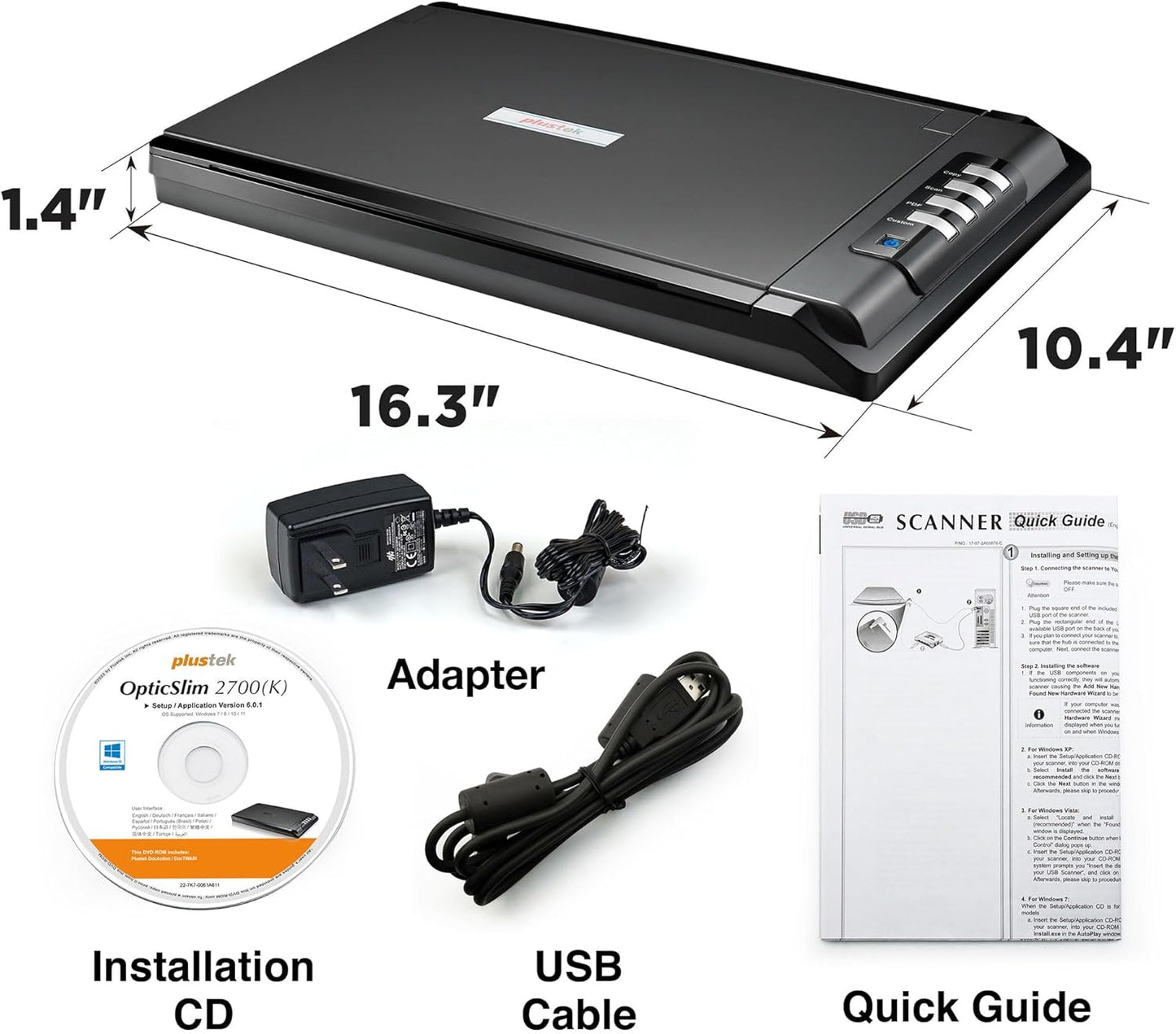 Plustek OpticSlim 2700 - High Speed Flatbed Scanner, 3sec Fast scan Speeds. Compact Design for Home and Home Office. Windows and Mac Support