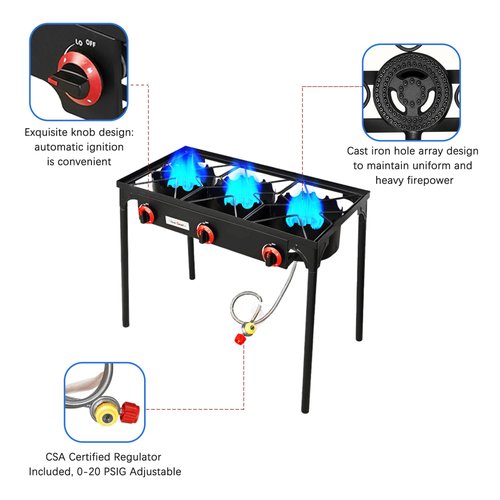 Vivicreate 3 Burner High pressure Propane Stove, 28 Inch Tall Camping Stove with cast iron burner 105000 BTU power, Stable Legs for Outdoor Use