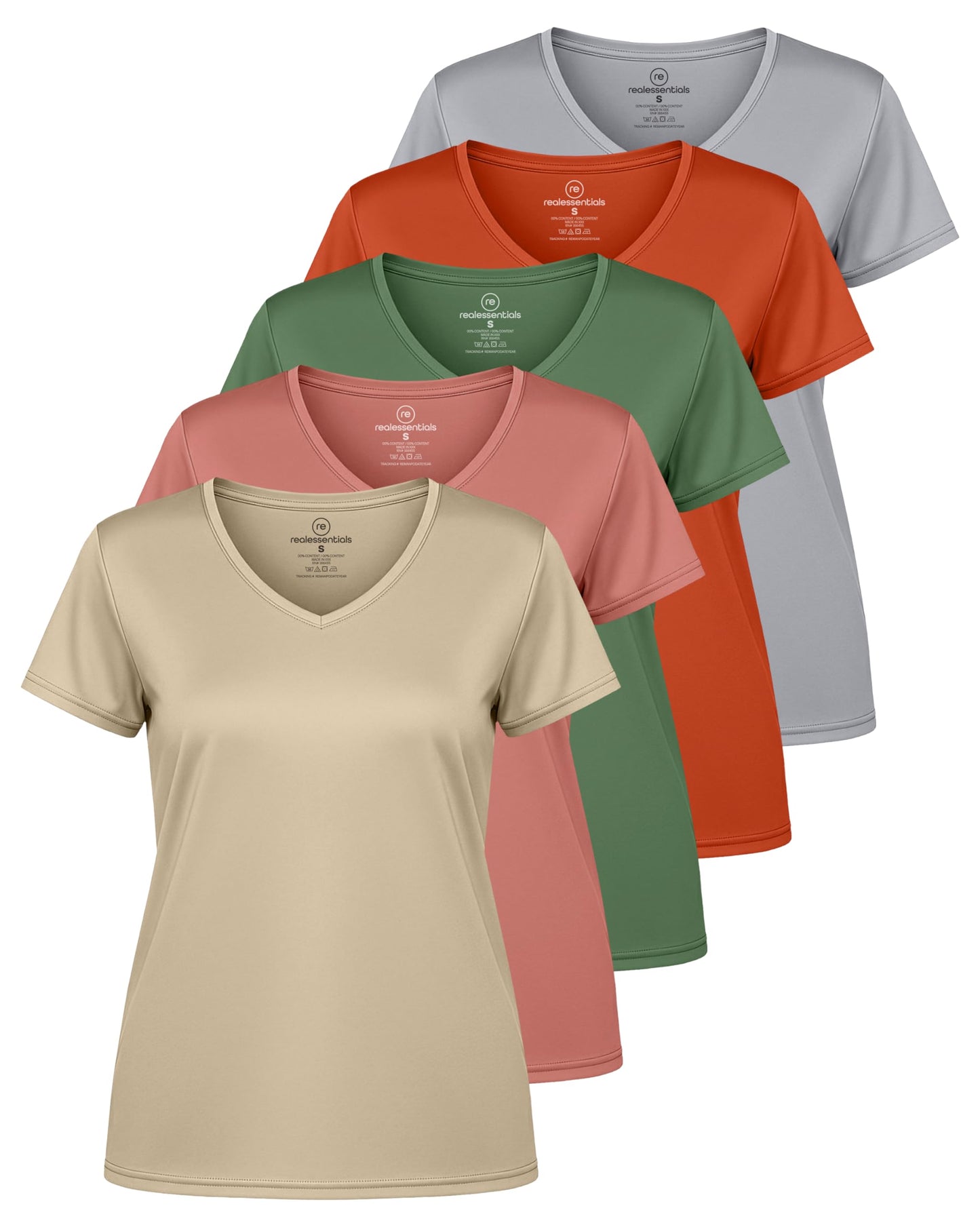 Real Essentials 5 Pack: Women's Dry-Fit Short Sleeve V Neck T Shirt Workout Fitness Yoga Top Tee (Available in Plus Size), Set 12, 2X