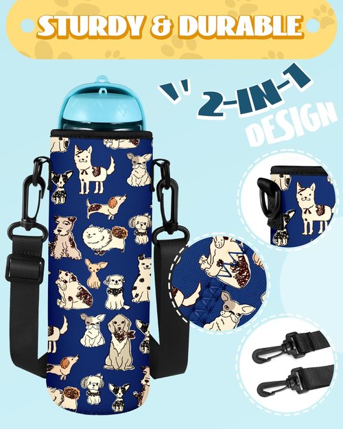 Toykee Portable Neoprene Water Bottle Sleeve - Travel Dog Water Bottle Cover Bag with Puppy Poop Bag Holder, Funny Blue Pet Water Sling Carrier with Adjustable Strap for Walking Hiking