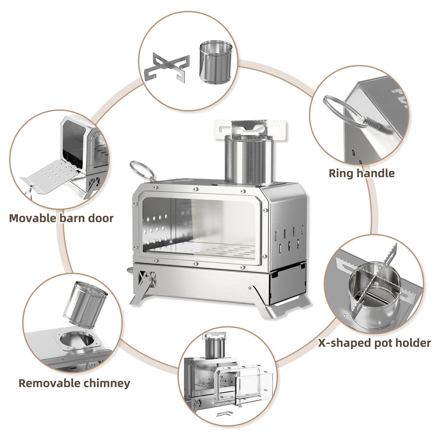 FOAPLE Outdoor Portable Wood Burning Stove，Mini Camp Oven, Camping Stove portable for Cooking, Stainless Steel Wood Burning Stove with Bag, Heat Insulation Pad, Gloves, Wood Stove for Hiking BBQ