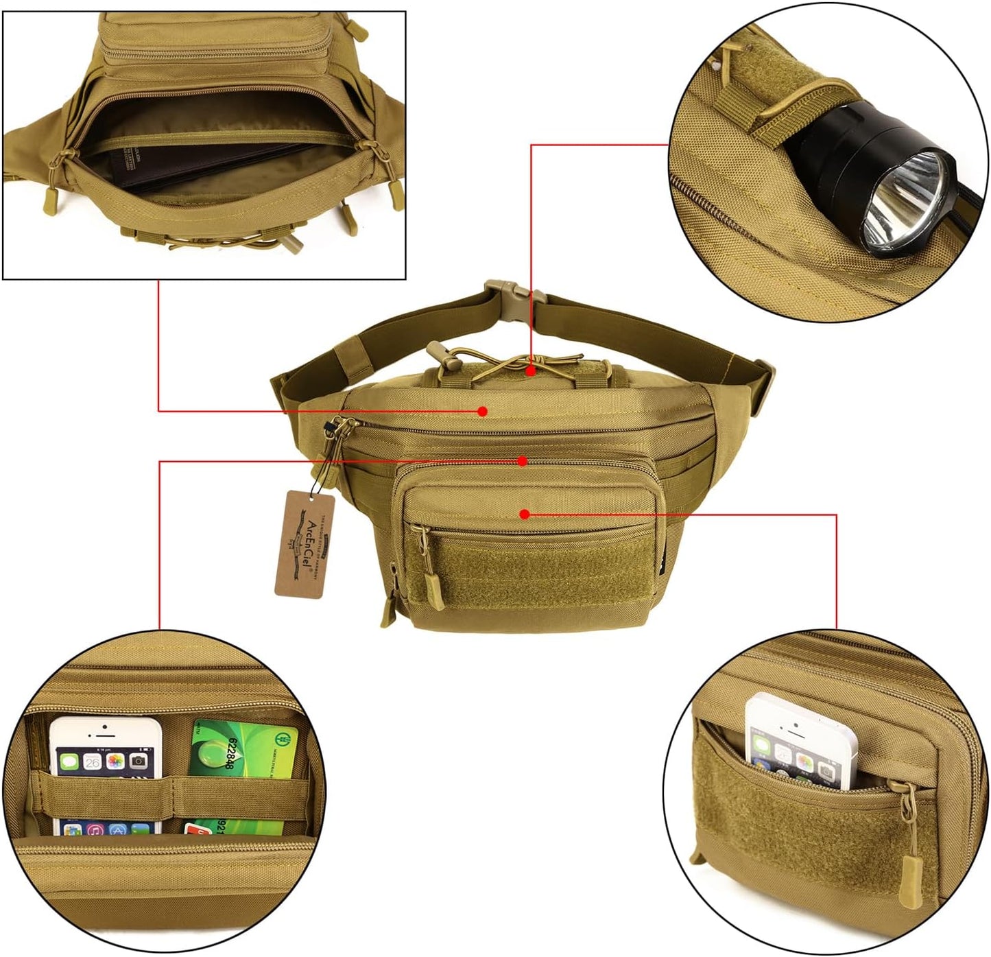 ArcEnCiel Tactical Fanny Pack for Men Waist Bag Military Hip Belt Outdoor Hiking Fishing Bumbag with Patch