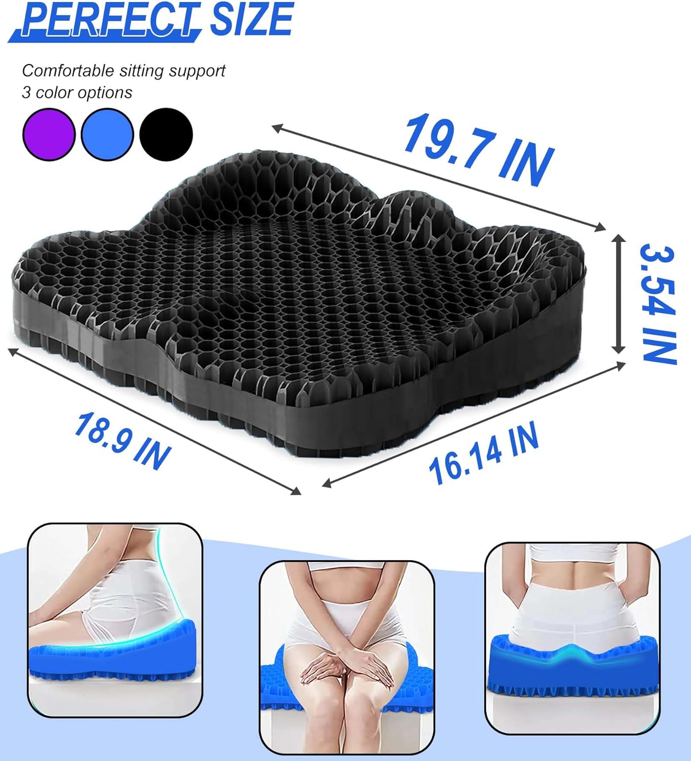 Thicken 19.7in Seat Cushion, Gel Seat Cushion for Long Sitting–Office Chair, Wheelchair, Car Pad, Large Cooling Support Pad for Back Pain, Sciatica, Tailbone Pain Relief